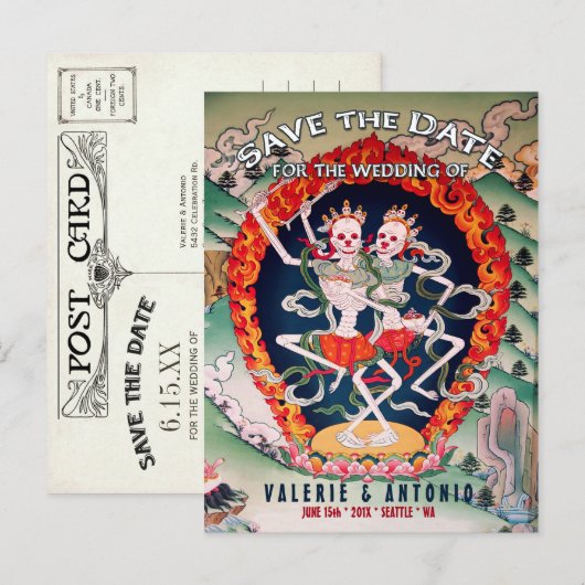Tibetaanse skeletten dansen Save the Date Briefkaa Aankondigingskaart (Voorkant / Achterkant)
