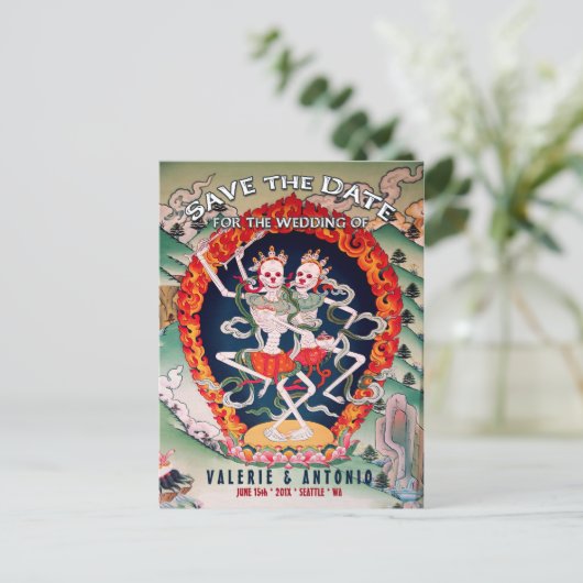 Tibetaanse skeletten dansen Save the Date Briefkaa Aankondigingskaart (Staand voorkant)