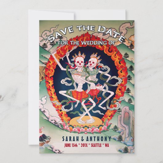Tibetaanse skeletten dansend Save the Date (Voorkant)