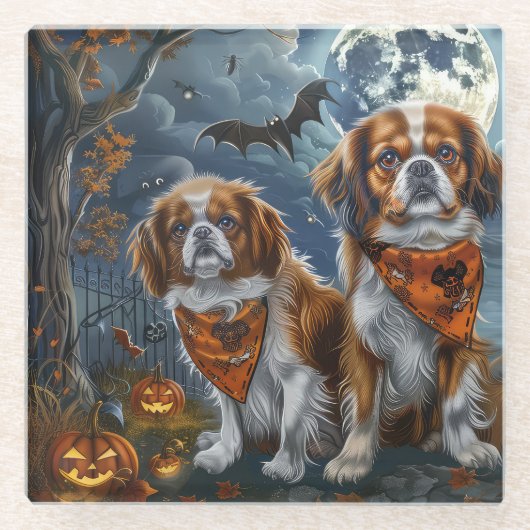 Tibetaanse Spaniel Halloween Spooky Glazen Onderzetter (Voorkant)