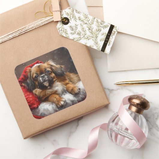 Tibetaanse Spaniel Hond Kerst Feestelijk Vierkante Sticker (Geschenken)
