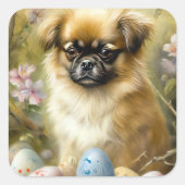Tibetaanse Spaniël Hond met Paaseieren Vakantie Vierkante Sticker (Voorkant)
