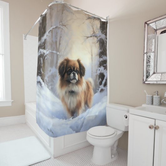 Tibetaanse Spaniel Laat het Sneeuwen Kerstmis Douchegordijn (In situ)
