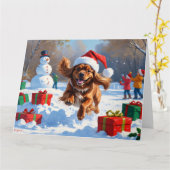 Tibetaanse Spaniel loopt in de sneeuw met kerst Pe Kaart (Gele Bloem)