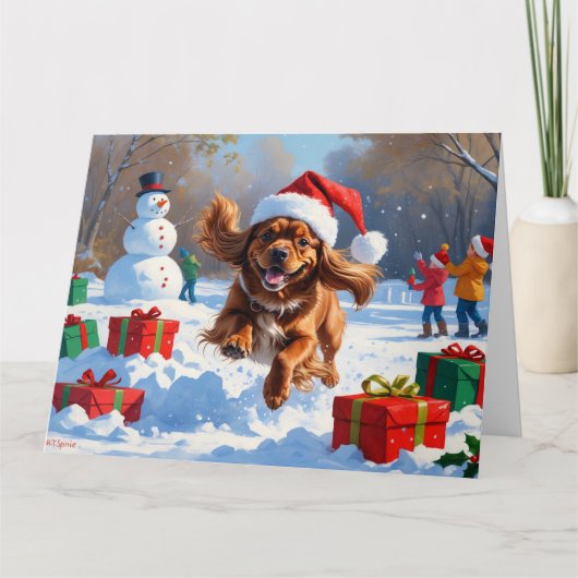 Tibetaanse Spaniel loopt in de sneeuw met kerst Pe Kaart (Voorkant)