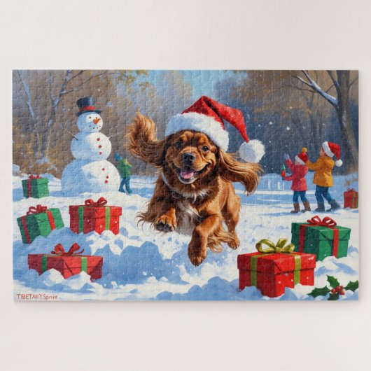 Tibetaanse Spaniel loopt in de sneeuw met kerst Pe Legpuzzel (Horizontaal)