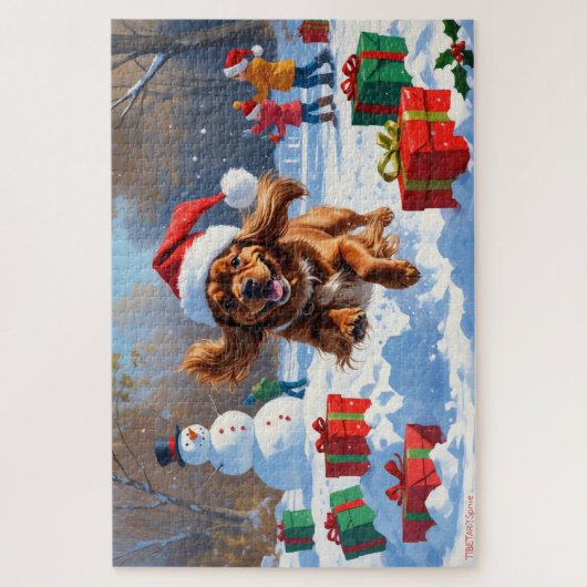 Tibetaanse Spaniel loopt in de sneeuw met kerst Pe Legpuzzel (Verticaal)