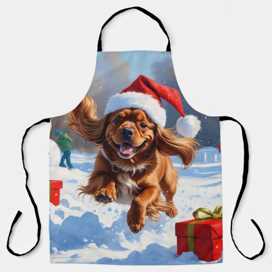 Tibetaanse Spaniel rent in de sneeuw met kerstmuts Schort (Voorkant)