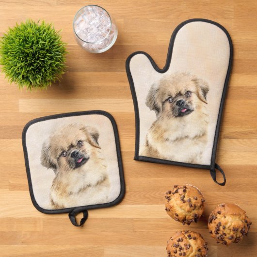 Tibetaanse Spaniel Schilderij Cream en White Dog A Ovenwant & Pannenlap Set (Top down)