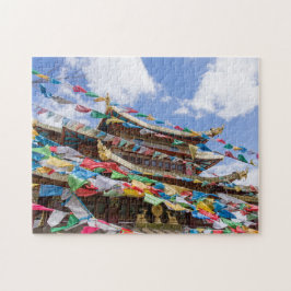 Tibetaanse tempel met gebeds vlaggen - Yunnan, Chi Legpuzzel