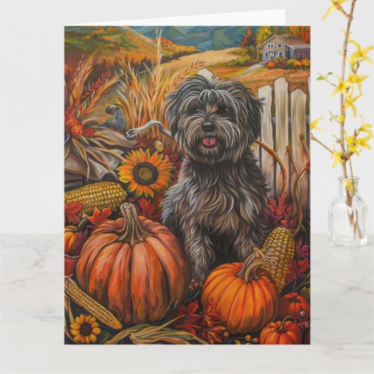 Tibetaanse Terriër Hond Herfst Oogst Thanksgiving Kaart (Gele Bloem)