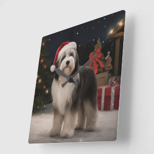 Tibetaanse Terriër-hond in Kerstsneeuw  Vierkante Klok