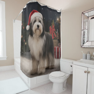 Tibetaanse Terrier-hond in Sneeuw Kerstmis Douchegordijn