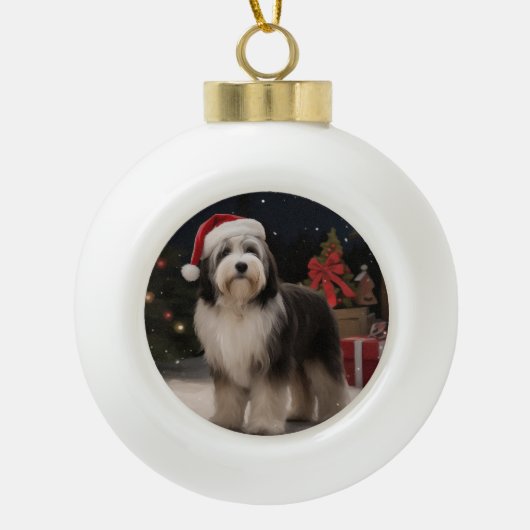 Tibetaanse Terriër Hond in Sneeuw Kerstmis Keramische Bal Ornament (Voorkant)