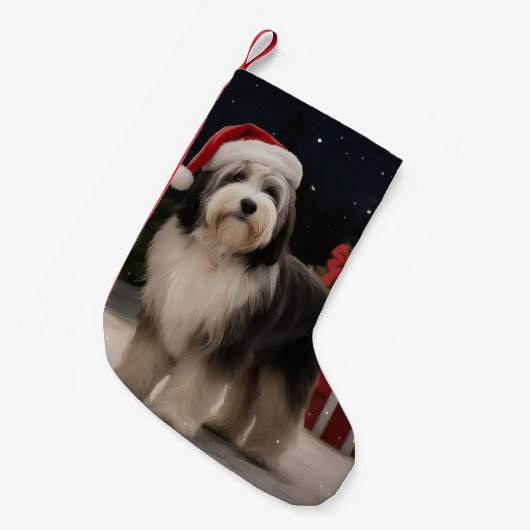 Tibetaanse Terriër Hond in Sneeuw Kerstmis Kleine Kerstsok (Voorkant (Hangend))