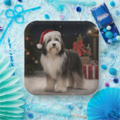 Tibetaanse Terriër Hond in Sneeuw Kerstmis Papieren Bordje (Feest)