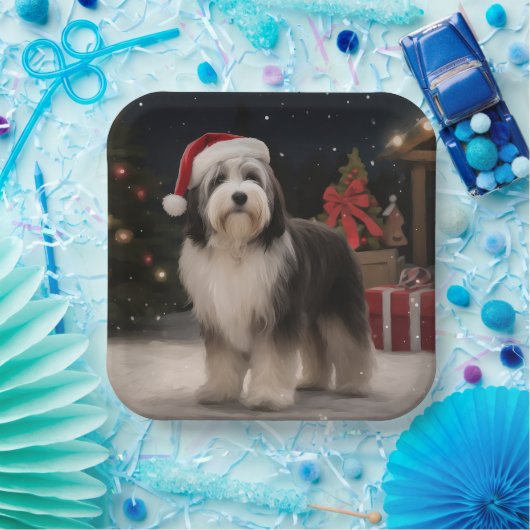 Tibetaanse Terriër Hond in Sneeuw Kerstmis Papieren Bordje (Feest)