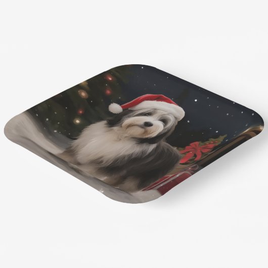 Tibetaanse Terriër Hond in Sneeuw Kerstmis Papieren Bordje (Gebogen)