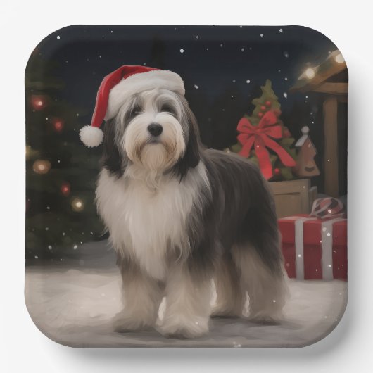 Tibetaanse Terriër Hond in Sneeuw Kerstmis Papieren Bordje (Voorkant)