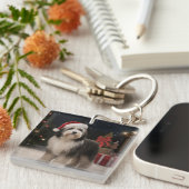 Tibetaanse Terriër Hond in Sneeuw Kerstmis Sleutelhanger (Voorkant Rechts)