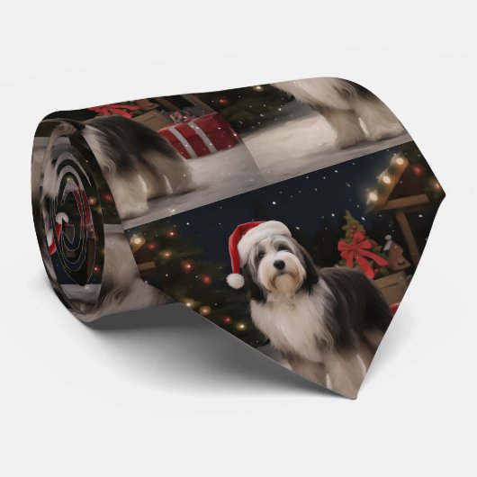 Tibetaanse Terriër Hond in Sneeuw Kerstmis Stropdas (Opgerold)