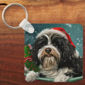 Tibetaanse Terrier Hond Kerst Feestelijk Sleutelhanger (Voorkant)