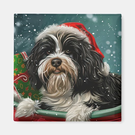 Tibetaanse Terrier Hond Kerst Festiviteit Magneet (Voorkant)