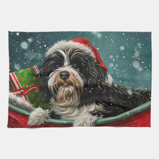 Tibetaanse Terriër Hond Kerst Festiviteit Theedoek (Horizontaal)