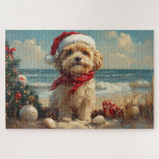 Tibetaanse Terriër Hond Kerst  Strand Legpuzzel (Horizontaal)