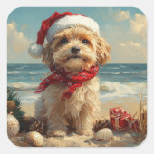 Tibetaanse Terriër Hond Kerst Strand Vierkante Sticker (Voorkant)