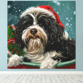 Tibetaanse Terriër Hond Kerstfeest Canvas Afdruk (Insitu (Houten vloer))