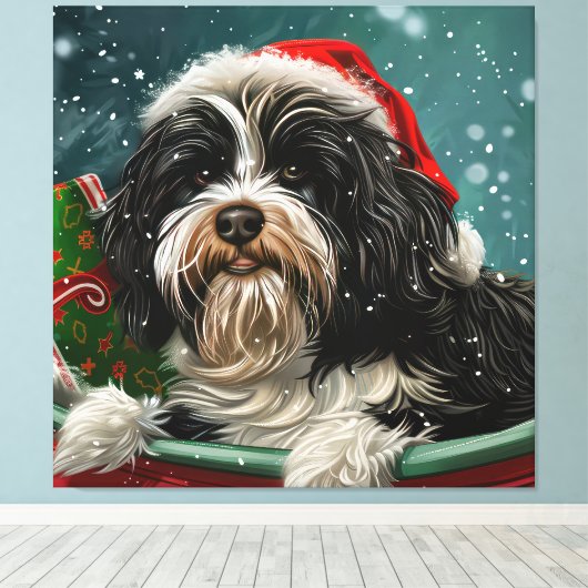 Tibetaanse Terriër Hond Kerstfeest Canvas Afdruk (Insitu (Houten vloer))