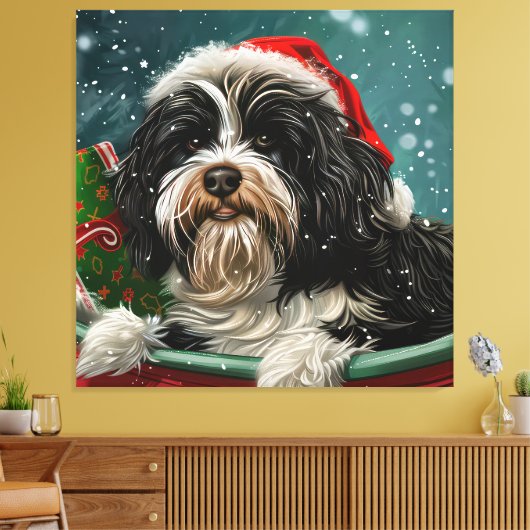 Tibetaanse Terriër Hond Kerstfeest Canvas Afdruk (Insitu (Woonkamer))