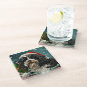 Tibetaanse Terriër Hond Kerstfeest Glazen Onderzetter (Schuin)