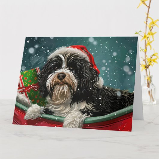 Tibetaanse Terriër Hond Kerstfeest Kaart (Gele Bloem)