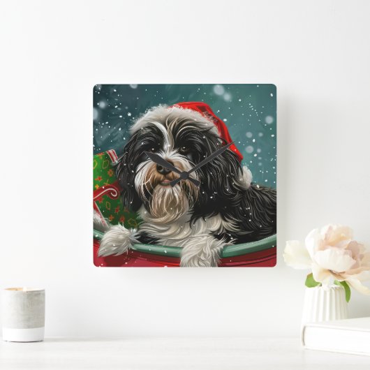 Tibetaanse Terriër Hond Kerstfeest Vierkante Klok (Huis)