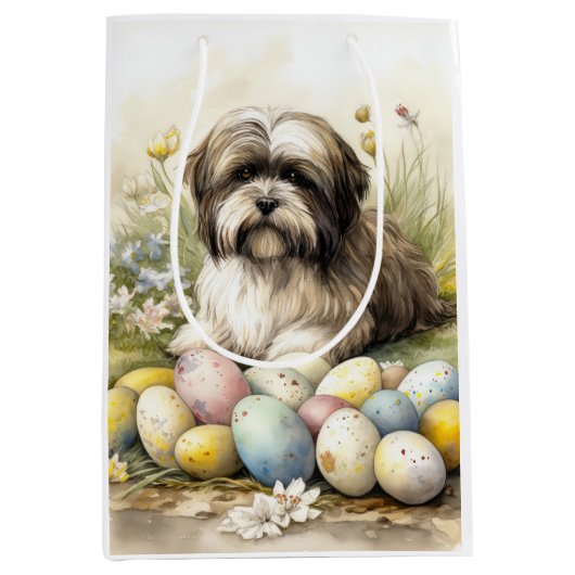 Tibetaanse Terriër Hond met Paaseieren Vakantie Medium Cadeauzakje (Voorkant)