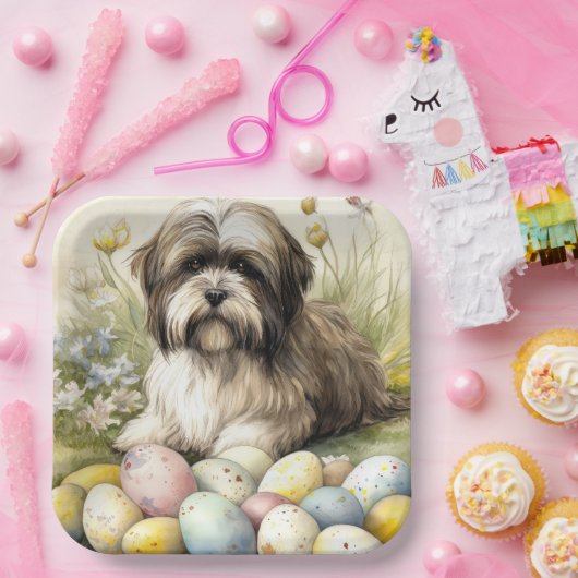 Tibetaanse Terriër Hond met Paaseieren Vakantie Papieren Bordje (Feest)
