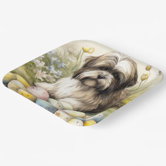 Tibetaanse Terriër Hond met Paaseieren Vakantie Papieren Bordje (Gebogen)