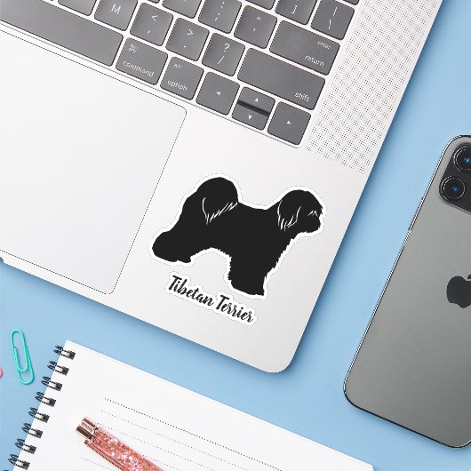 Tibetaanse Terriër Hond Silhouette Vinyl Sticker (Laptop met iPhone)
