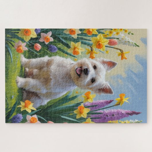Tibetaanse Terriër Hond Spring Bloemen Schilderen Legpuzzel (Horizontaal)
