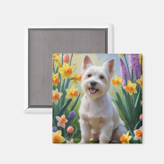 Tibetaanse Terriër Hond Spring Bloemen Schilderen Magneet (Voorkant / Achterkant)