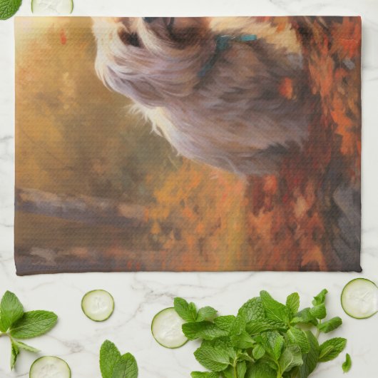 Tibetaanse Terriër in de herfst laat Herfst inspir Theedoek (Gevouwen)