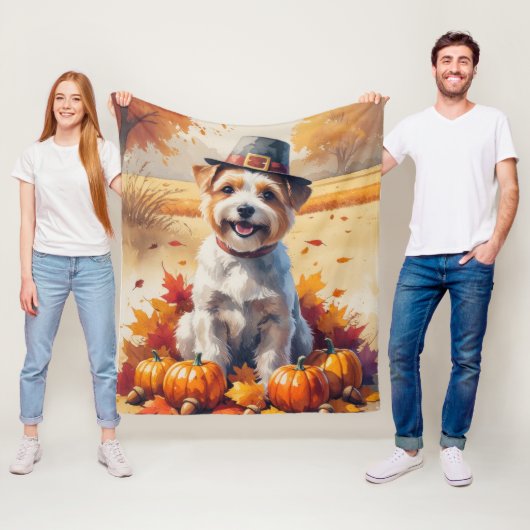 Tibetaanse Terriër in herfstbladeren dankdag kunst Fleece Deken (In situ)