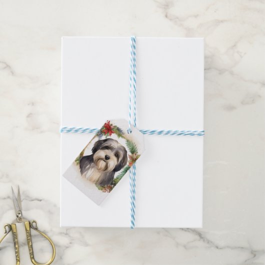 Tibetaanse Terriër Kerstkrans Feestelijke Pup Cadeaulabel