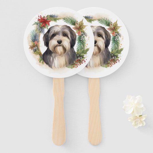 Tibetaanse Terriër Kerstkrans Feestelijke Pup Handwaaier (Voorkant en achterkant)