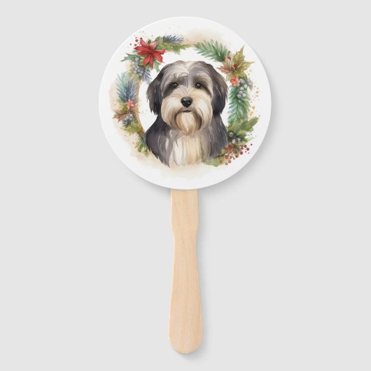 Tibetaanse Terriër Kerstkrans Feestelijke Pup Handwaaier (Voorkant)