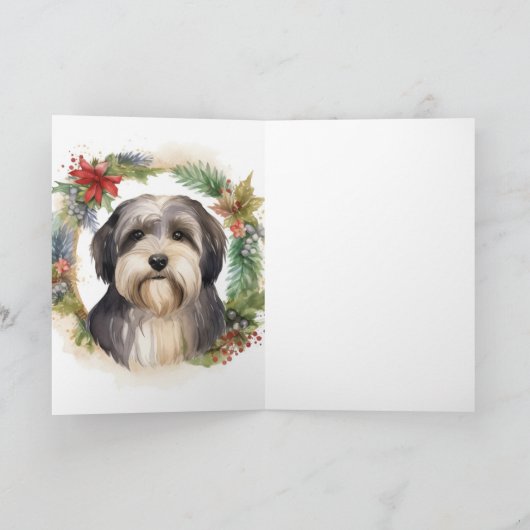 Tibetaanse Terriër Kerstkrans Feestelijke Pup Kaart (Binnen)