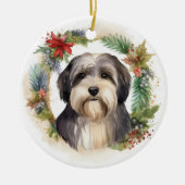 Tibetaanse Terriër Kerstkrans Feestelijke Pup Keramisch Ornament (Voorkant)