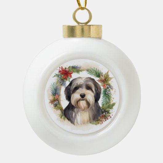 Tibetaanse Terriër Kerstkrans Feestelijke Pup Keramische Bal Ornament (Voorkant)